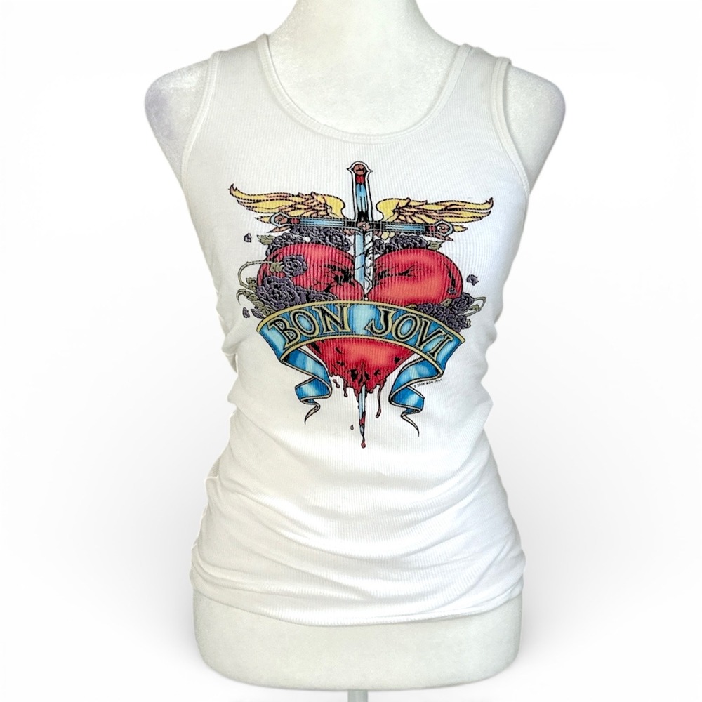 Bay Island Bon Jovi Graphic Tank Top L White Ribbed Rock Band Vintage Y2K 2004
